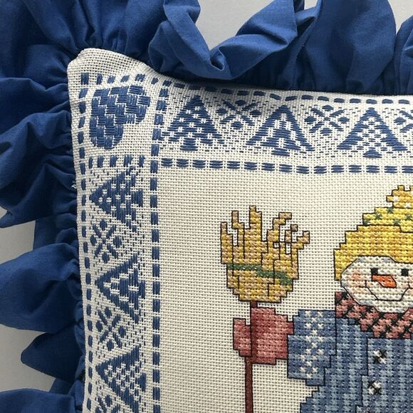 Vintage Handmade Snowman With Broomstick Cross Stitch Throw Pillow EUC - Picture 2 of 10